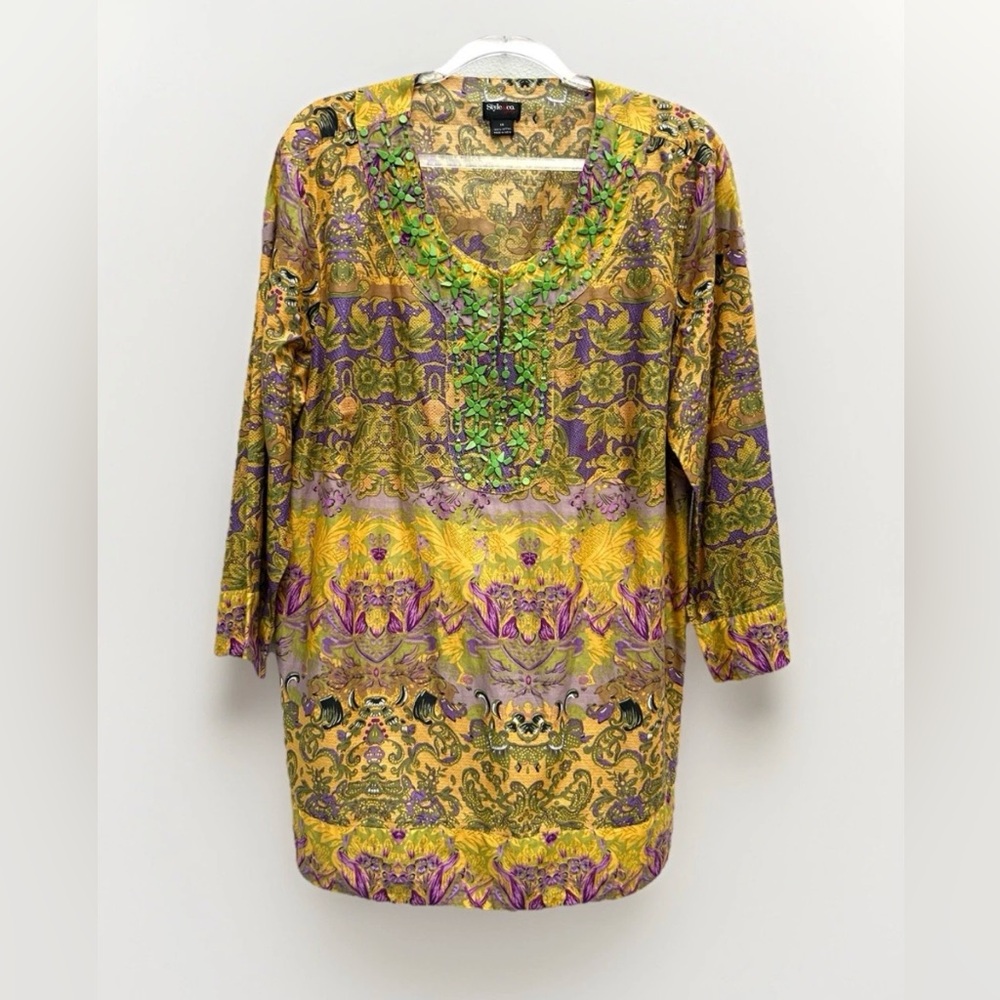 Style And Co Blouse Top Sz 14 Beaded Colorful Floral Tunic 100% Cotton Boho